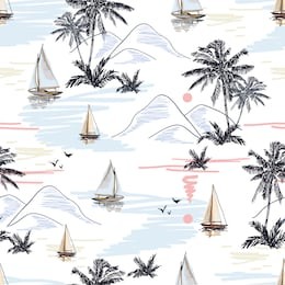 beautiful botanical vector seamless pattern background with coconut palm trees, sailboat silhouettes, sun, mountaines, birds. isolated on white background. the summer beach surfing illustration. 