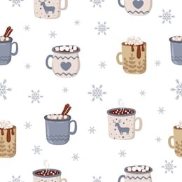 vector seamless pattern with hot drinks in flat design. hot chocolate, coffee, cocoa with whipped cream and marshmallow. autumn and winter holidays.