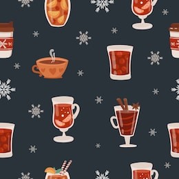 vector seamless pattern with hot drinks in flat design. hot chocolate, coffee, cocoa, mulled wine, snowflakes. autumn and winter holidays