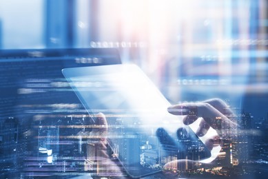 business and technology, software development, iot concept. double exposure, man programmer, software developer working on digital tablet and smart city with binary, html computer code on screen