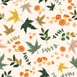 autumn orange flowers, maple leaves, white background. vector seamless pattern. floral illustration. nature design. thanksgiving day. fall season