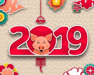 happy chinese new year 2019 zodiac sign pig, traditional asian background - illustration vector