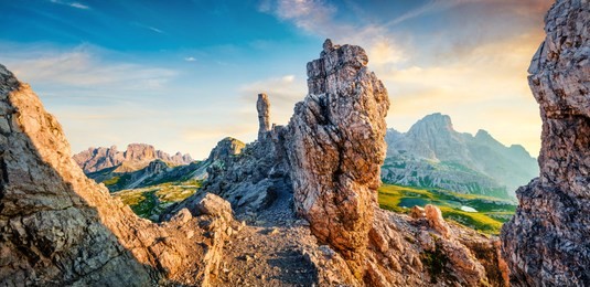 colorful summer sunrise in rocky mountain valley. fantastic morning scene of tre cime di lavaredo national park with laghi del piani lakes, dolomiti alps, south tyrol, italy, europe. 