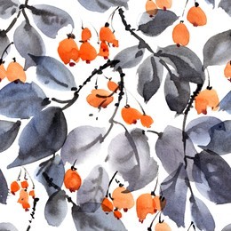 watercolor and ink illustration of berries, leaves and tree branches, decorative artistic painting, sumi-e and u-sin gohua oriental traditional paintind, seamless pattern on white background