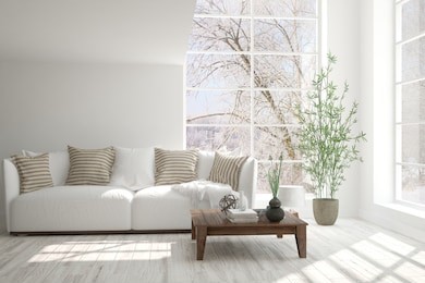 white room with sofa and winter landscape in window. scandinavian interior design. 3d illustration