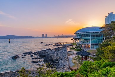 sunset at nurimaru apec house, busan, south korea