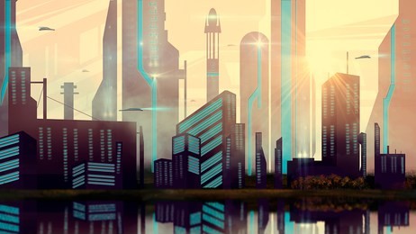 sci-fi city with spaceship and river, digital painting