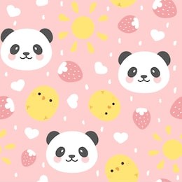 cute panda seamless pattern with chick and strawberry, animal background with stars and heart for kids, vector illustration