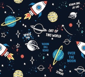 hand drawn space elements seamless pattern. space background. space doodle illustration. vector illustration. seamless pattern with cartoon space rockets, planets, stars, slogans