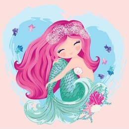 little cute mermaid with fishes and seashells. book illustration, fashion artworks, t shirt graphics.