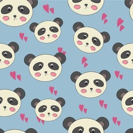 
seamless pattern with pandas and hearts on a blue background