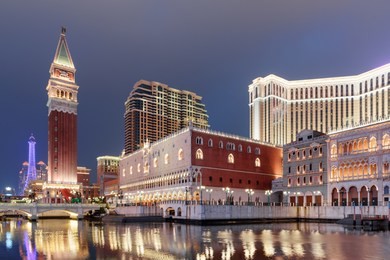 beautiful evening view of amazing buildings in venetian gothic style in cotai of macau. copies of palazzo ducale and bell tower of st mark. casinos and shopping malls of new gambling and tourism area.