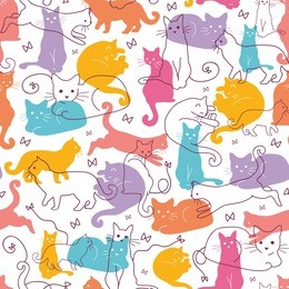 vector colorful cats seamless pattern background. cute, hand drawn and colorful elements.