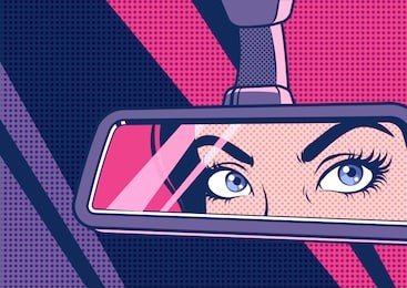 girl looks in the rear view mirror. pop art vector illustration.