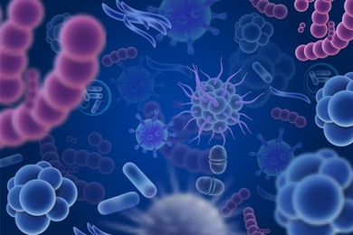 abstract background with various color and shape microscopic viruses, bacteria and microbes. realistic illustration.