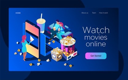 watch the movie online with a smartphone or  laptop. young people are watching the film on the couch. the girl in the dress push the button. bright youth illustration of a home cinema. isometric flat