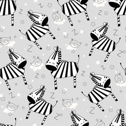 seamless pattern of kid vector illustration with drawing monochrome cute zebra. scandinavian background with striped zebra, bird, stars for fabric, textile, paper, wallpaper, wrapping, greeting card