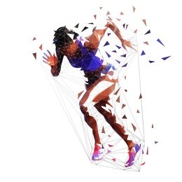 running woman, low polygonal athlete. isolated vector illustration, side view. sprinting african american woman