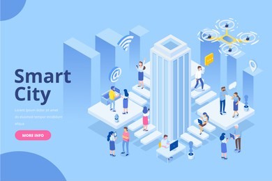 modern flat design isometric concept of smart city. business center with skyscraper. different people with gadgets. flat vector illustration for banner and website.