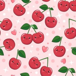 smiling cute cartoon kawaii berries of cherry, seamless vector background