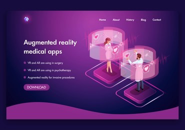 website template design. isometric medical concept of the work of doctors augmented reality concept. vr and ar are used in surgery. easy to edit and customize.