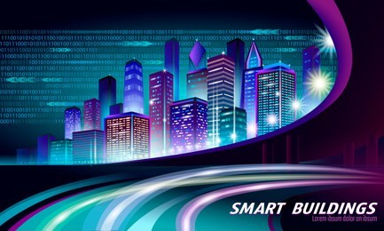 smart city 3d neon glowing cityscape. intelligent building automation night futuristic business concept. web online vivid color cyberpunk retrowave. urban technology banner vector illustration