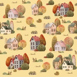 seamless pattern with house, trees and grass in autumn season.cartoon style. hand painted. watercolor illustration