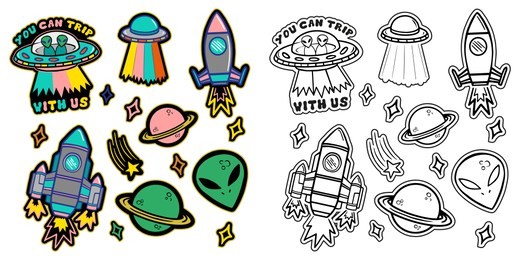 black and white and colorful line set icons with patches stickers with stars alien ufo spaceships planets. modern vector style mascot logo trendy print on kids clothes t shirt sweatshirt poster.