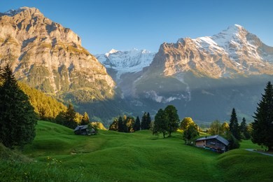 sun is setting during the famous hiking trail from first to grindelwald (bernese alps, switzerland). you can have great views on eiger, monch and jungfrau and the bachalpsee along the way.