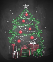 color chalk vector sketch of christmas tree decorated with balls, garlands and star with gift wrapped boxes on black chalkboard background. 