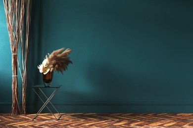 home interior mock-up with rope curtains and bouquet of dried flowers on table, 3d render