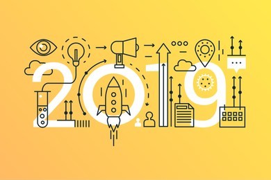 business startup 2019 word trendy composition concept banner. outline stroke start up solution, big idea. flat line icons lettering typography.