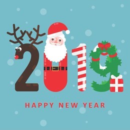 happy new year 2019. greeting card in cartoon style  with santa claus, gifts and deer. flat design.