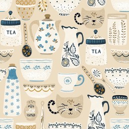 seamless pattern of decorative tableware items. vintage ceramic kitchen utensils or crockery - cups, dishes, bowls, pitchers. vector illustration in flat rustic style.