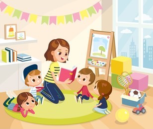 children in a kinder garden. children listening to the teacher. teacher reading book to children. 