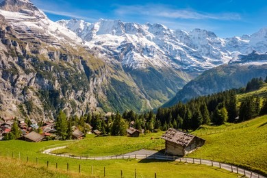 spectacular mountain views between murren and allmendhubel (berner oberland, switzerland). murren is a traditional mountain village and is unreachable by public road.