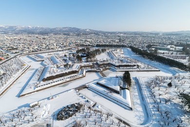 snow covered goryokaku in hakodate, hokkaido