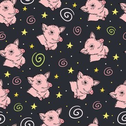 seamless pattern with  cute little pigs and stars on dark background. textile design, wallpaper, packaging paper.
