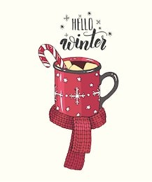 hand drawn cozy cup of hot chocolate with marshmallow, candy and knitting scarf in sketch style. lettering calligraphy phrase-hello winter. hand made quote. merry christmas and happy new year 