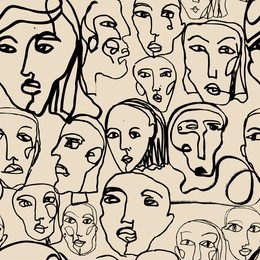 abstract line art texture with human faces. hand-drawn vector seamless pattern with portraits in modern style.
