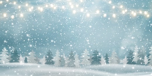 christmas, snowy  woodland landscape  with firs, coniferous forest, light garlands, falling snow, snowflakes for winter and new year holidays. holiday winter landscape. christmas vector background.
