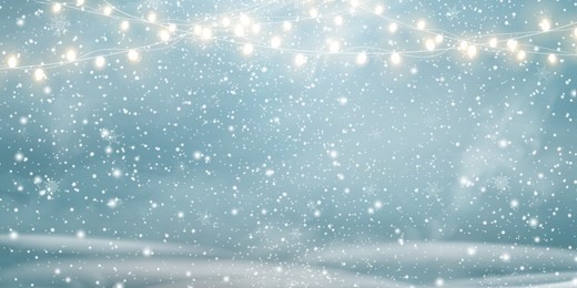 christmas, snowy  background with light garlands, falling snow, snowflakes,  snowdrift for winter and new year holidays. holiday winter landscape. vector.