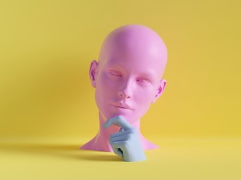 3d render, female mannequin head, hand, fashion concept, isolated object, minimal yellow background, shop display, pink blue body parts, pastel colors