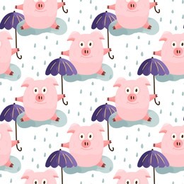new year 2019 seamless pattern with christmas cartoon flat pink pigs. color hand drawn happy animals. vector illustration.