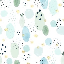 seamless abstract pattern with doodle dots, golden texture and watercolor circles and spots randomly distributed. vector template for holiday, birthday, christmas and new year in modern style.
