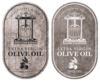 set of vector labels for extra virgin olive oil with olive twig, oil press and barrel in retro style on wooden background