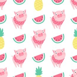 vector seamless pattern with funny pigs. symbol of 2019 on the chinese calendar. pig background isolated on white. cartoon animals for wrapping paper, cards, bedding. kids design.