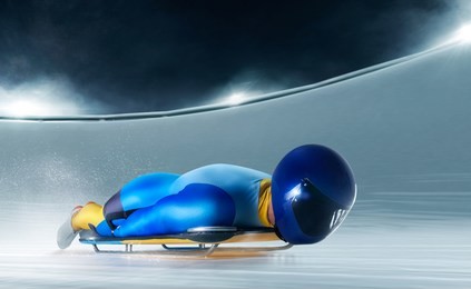 skeleton sport. bobsled. the athlete descends on a sleigh on an ice track.  winter sports