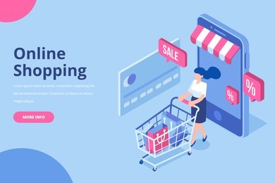 young woman character with shopping cart. online shopping isometric concept. big sale.  flat vector illustration.