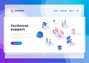 technical support office people and interact with computers. landing page template. 3d isometric vector illustration.